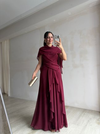 SOLİD Şallı Maxi Elbise 3678 - Bordo - 2