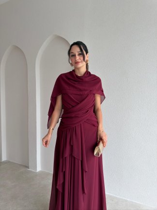 SOLİD Şallı Maxi Elbise 3678 - Bordo - 3