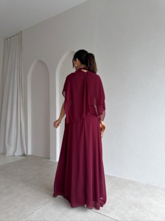 SOLİD Şallı Maxi Elbise 3678 - Bordo - 4