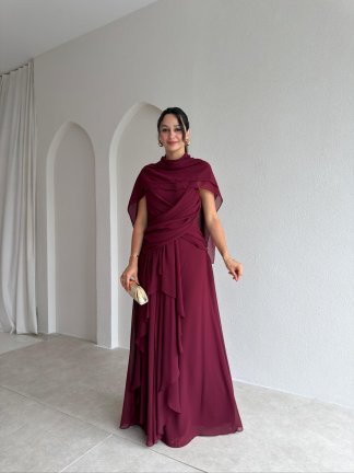 SOLİD Şallı Maxi Elbise 3678 - Bordo 