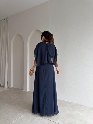 SOLİD Şallı Maxi Elbise 3678 - Lacivert - 3