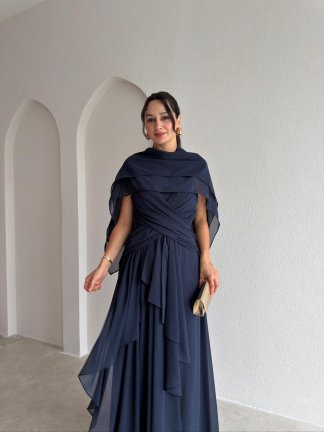 SOLİD Şallı Maxi Elbise 3678 - Lacivert - 2