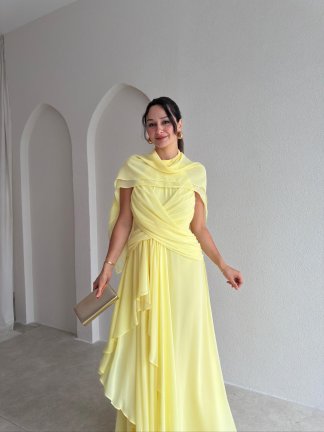 SOLİD Şallı Maxi Elbise 3678 - Sarı - 2