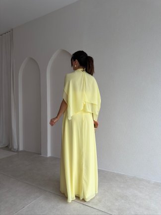 SOLİD Şallı Maxi Elbise 3678 - Sarı - 3