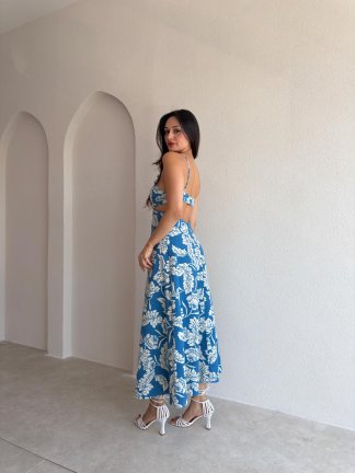SOLONA Desenli Midi Elbise 3055 - Mavi - 3