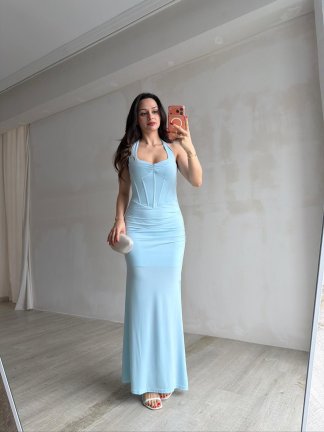 STRADA Korse Detaylı Maxi Elbise 4361 - Bebe Mavisi - 5
