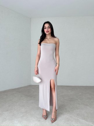 Straplez Maxi TARA Elbise 2484 - Bej - 2