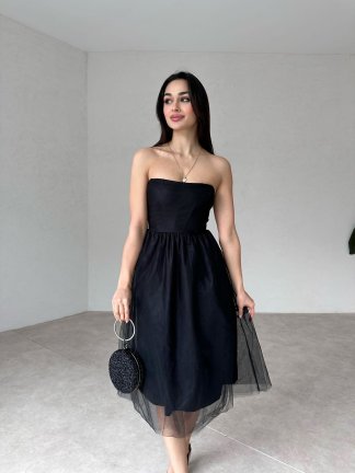Straplez Midi JANOWİT Elbise 4401 - Siyah - 1