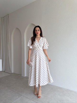 STRİPES Puantiyeli Midi Elbise 5522 - Krem Rengi 