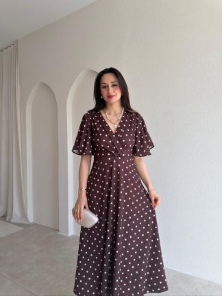 STRİPES Puantiyeli Midi Elbise 5522 - Acı Kahve - 2