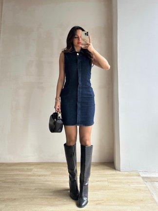 SUMY Denim Mini Elbise 5359 - Mavi - 3