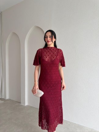 SUZİE Midi Elbise 8937- Bordo - 2
