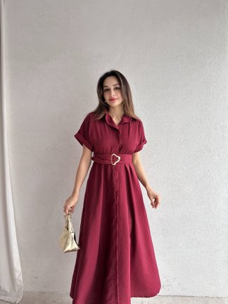 SYBİL Midi Elbise 4756 - Bordo 