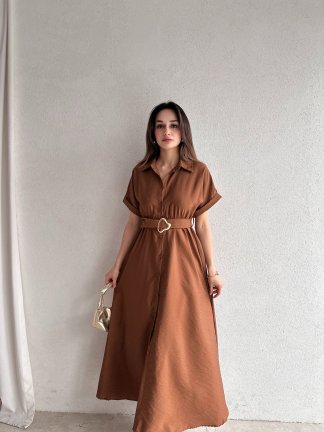 SYBİL Midi Elbise 4756 - Kahverengi 