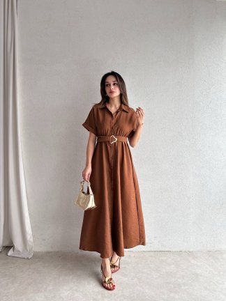 SYBİL Midi Elbise 4756 - Kahverengi - 3