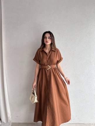 SYBİL Midi Elbise 4756 - Kahverengi - 4