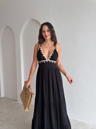 TACİTA Yaka Detaylı Maxi Elbise 3688 - Siyah - 3