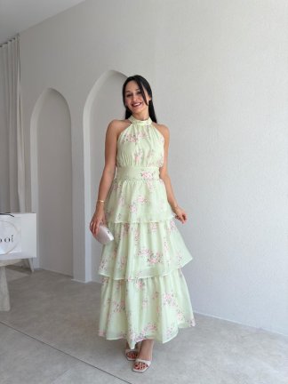 TAMMY Çiçek Desenli Midi Elbise 3016 - Yeşil 
