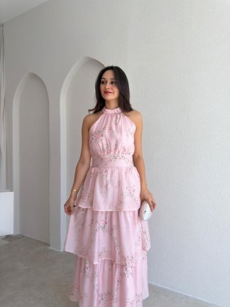 TAMMY Çiçek Desenli Midi Elbise 3016 - Pembe - 2