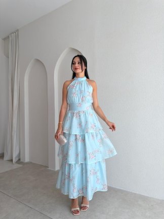 TAMMY Çiçek Desenli Midi Elbise 3016 - Mavi - 1