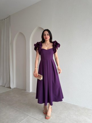 TARELLA Kolu Volanlı Midi Elbise 0287 - Mor - 2