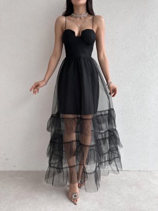 Tasarım Tül Detaylı LAWLESS Elbise - Siyah - 2