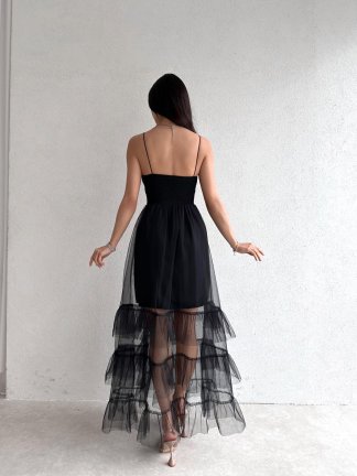 Tasarım Tül Detaylı LAWLESS Elbise - Siyah - 3