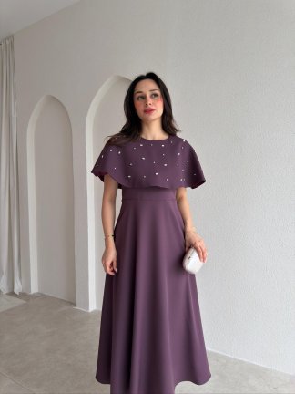 TATE Taşlı Pelerinli Midi Elbise 4387 - Mor 