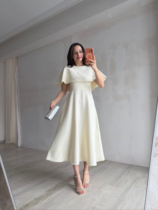  TATE Taşlı Pelerinli Midi Elbise 4387 - Sarı - 4