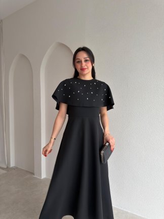 TATE Taşlı Pelerinli Midi Elbise 4387 - Siyah 
