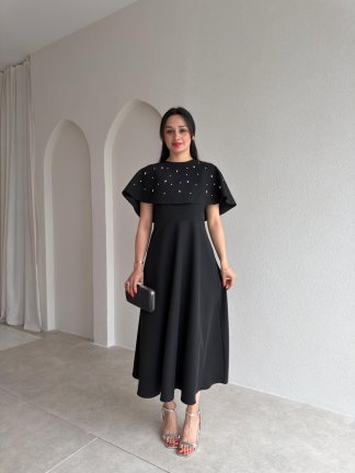 TATE Taşlı Pelerinli Midi Elbise 4387 - Siyah - 2