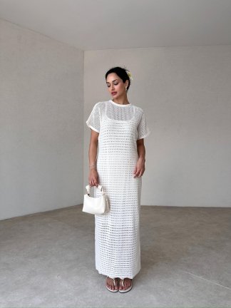 TATELY Midi Elbise 1714 - Beyaz - 2