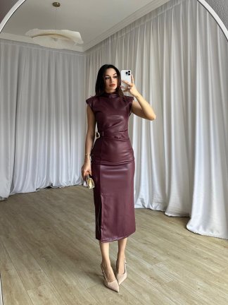 TAYLOR Midi Deri Elbise 8570 - Bordo - 2