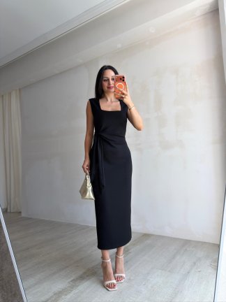 TERRİS Bağlama Detaylı Midi Elbise 8922 - Siyah - 4