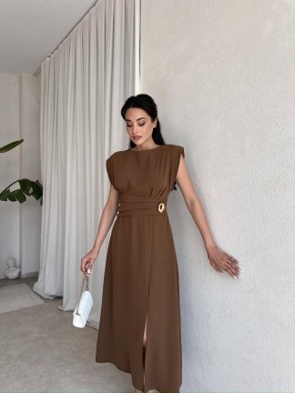 TİFFANY Midi Elbise 8077 - Kahverengi 