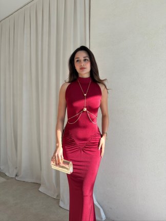  TOMY Aksesuarlı Maxi Elbise 1698 - Bordo - 2