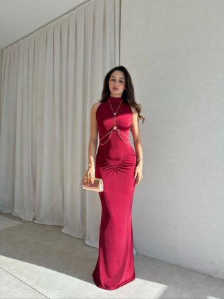  TOMY Aksesuarlı Maxi Elbise 1698 - Bordo - 1