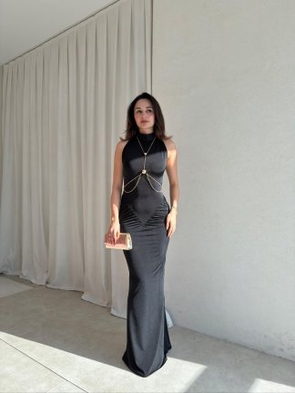 TOMY Aksesuarlı Maxi Elbise 1698 - Siyah 