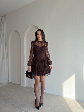 TRACY Dantelli Mini Elbise 9843 - Acı Kahve - 2