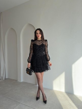 TRACY Dantelli Mini Elbise 9843 - Siyah - 2