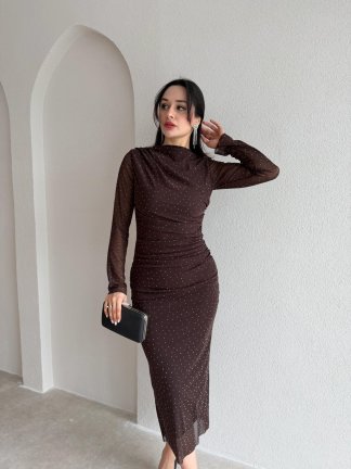 TROY Taşlı Midi Elbise 3882 - Acı Kahve - 1