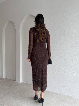 TROY Taşlı Midi Elbise 3882 - Acı Kahve - 3