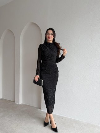 TROY Taşlı Midi Elbise 3882 - Siyah - 2