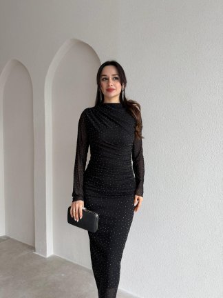 TROY Taşlı Midi Elbise 3882 - Siyah 