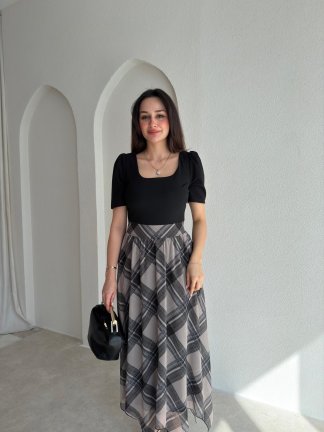 TWEED Ekose Detaylı Elbise 9070 - Gri - 2