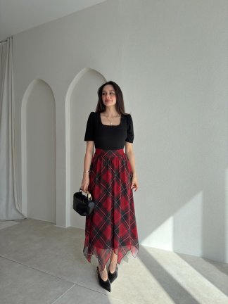 TWEED Ekose Detaylı Elbise 9070 - Kırmzı - 1