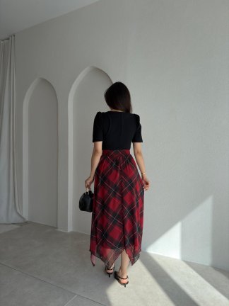 TWEED Ekose Detaylı Elbise 9070 - Kırmzı - 3