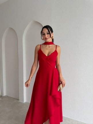 URSULA Dantel Detaylı Midi Elbise 3683 - Kırmızı - 1