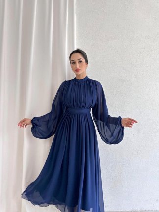 Uzun Kollu Midi NERMAL Elbise 3291 - Lacivert - 2