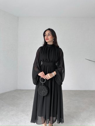 Uzun Kollu Midi NERMAL Elbise 3291 - Siyah - 1
